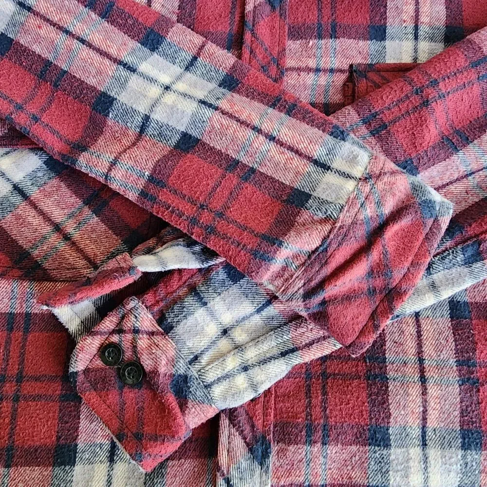 Free Planet Flannel Shirt Jacket with Hood Red Plaid 100% Cotton Mens Size Large